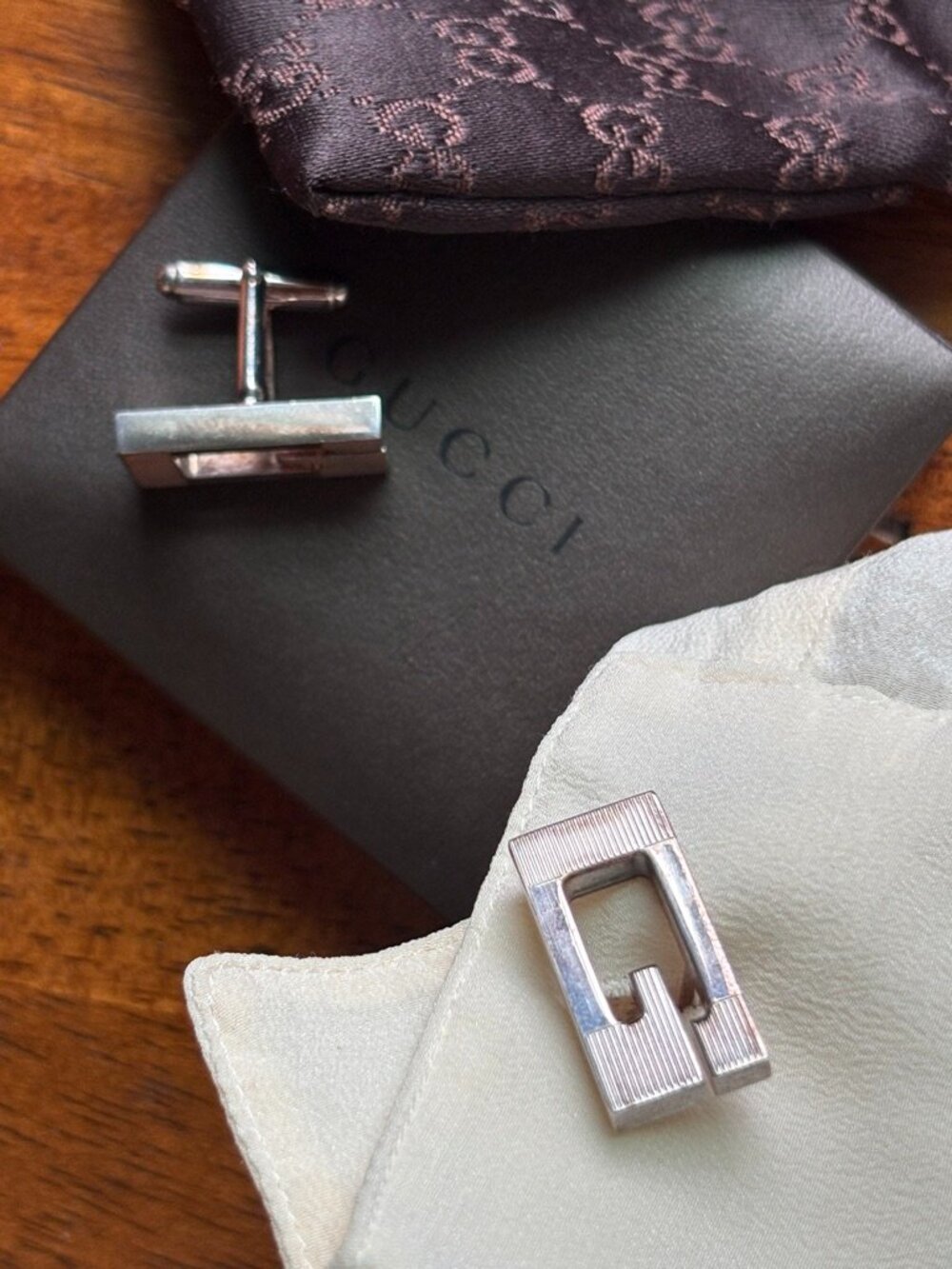 Vintage Gucci Sterling Silver Monogram Cufflinks with Box
